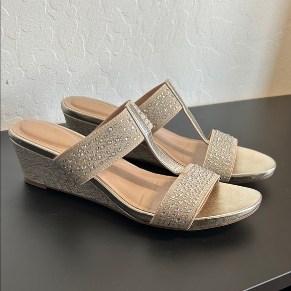 Shoes - Women’s Bandolino Iluvit Rhinestone Crusted Mid Wedge Heel Sandal